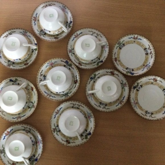 18pcs Hand painted Noritake Green M in wreath mark 8 cups & 10 saucers eggshell - Picture 2 of 12